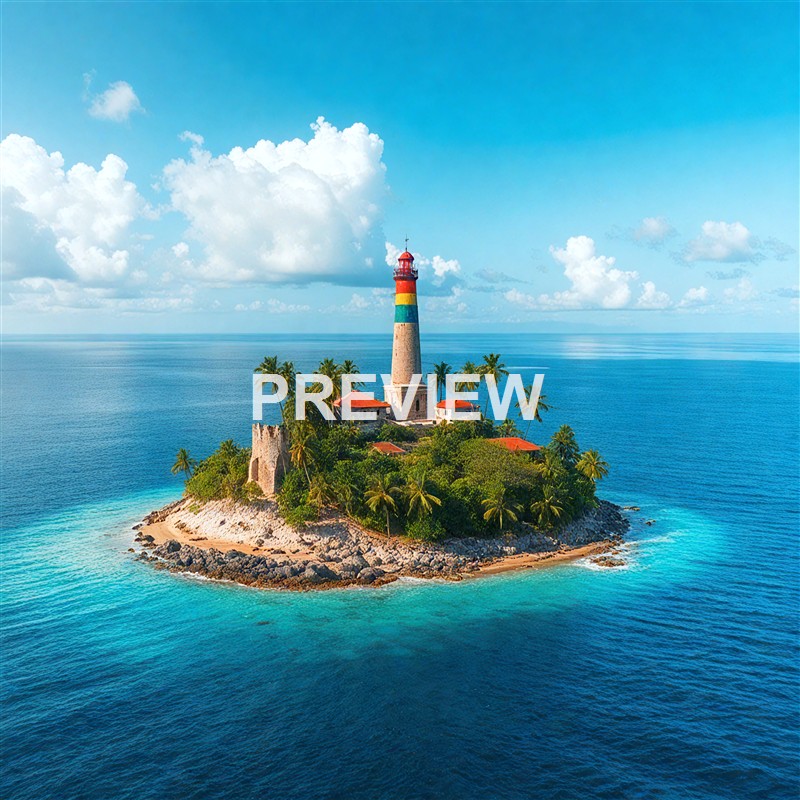A small island with a lighthouse painted in rainbow stripes, surrounded by palm trees, with a rocky shoreline and clear blue ocean under a partly cloudy sky.